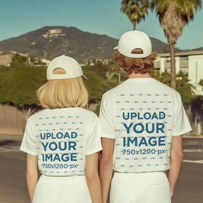 Back-View Mockup Featuring an AI-Created Couple Wearing T-Shirts While Standing in the Street