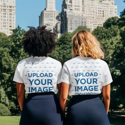 Back-View T-Shirt Mockup Featuring an AI-Created Women Couple Looking at the City