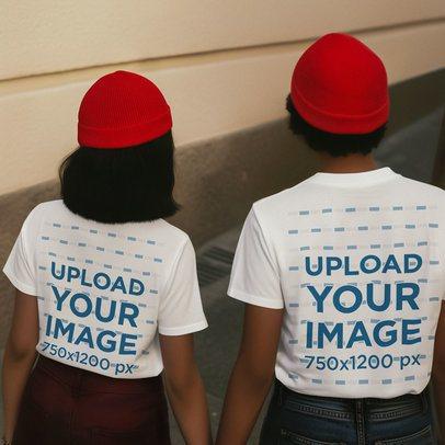 Back-View Tee Mockup of an AI-Generated Couple Wearing Matching Outfits and Holding Hands