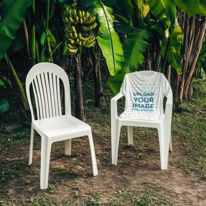 T-Shirt Mockup Featuring Two Plastic Chairs and Banana Plants