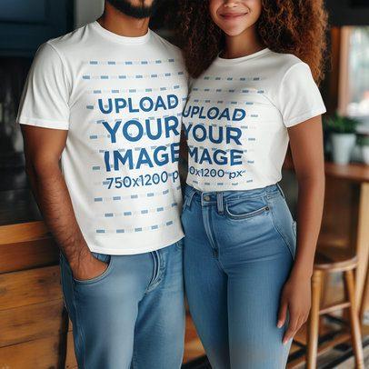 T-Shirt Mockup Featuring an AI-Created Couple Wearing Matching Styled-Outfits