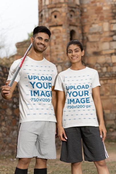 T-Shirt Mockup of a Man and a Woman Playing Cricket Together