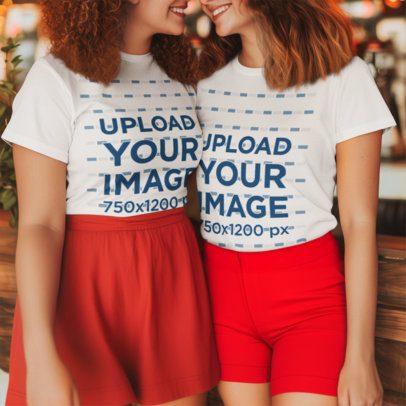 T-Shirt Mockup of an AI-Generated Women Couple Smiling and Wearing Matching Outfits