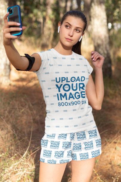 T-Shirt and Shorts Mockup of a Woman Taking